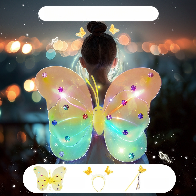 Világító angyali pillangó szárnyak, tündérpálca és hátsó kiegészítő – műanyag játék 0–3 éveseknek