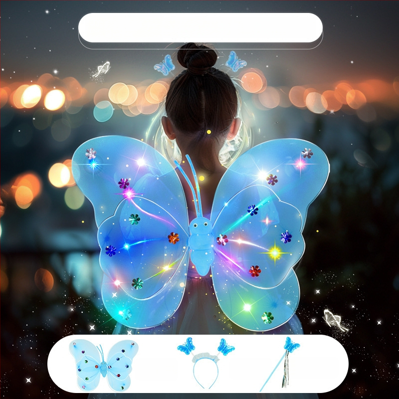Világító angyali pillangó szárnyak, tündérpálca és hátsó kiegészítő – műanyag játék 0–3 éveseknek