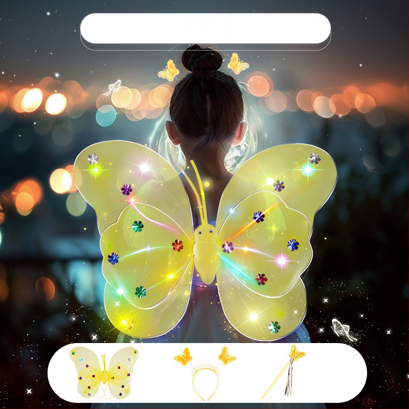 Világító angyali pillangó szárnyak, tündérpálca és hátsó kiegészítő – műanyag játék 0–3 éveseknek