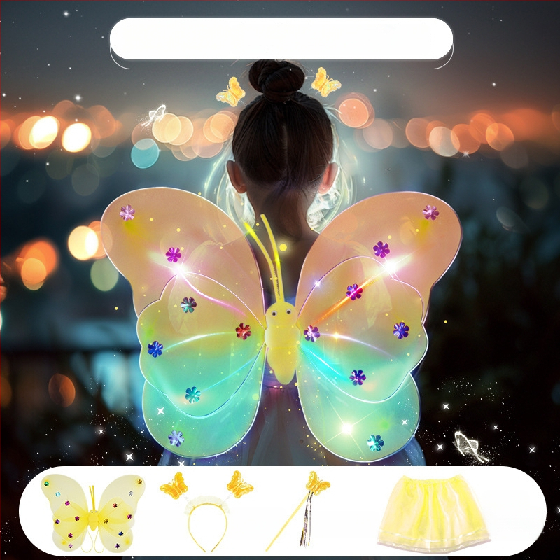 Világító angyali pillangó szárnyak, tündérpálca és hátsó kiegészítő – műanyag játék 0–3 éveseknek