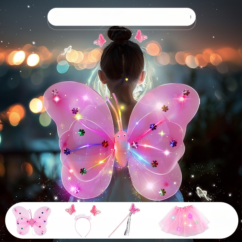 Világító angyali pillangó szárnyak, tündérpálca és hátsó kiegészítő – műanyag játék 0–3 éveseknek