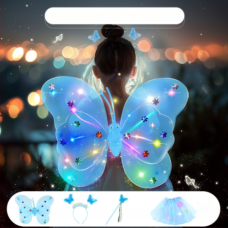 Világító angyali pillangó szárnyak, tündérpálca és hátsó kiegészítő – műanyag játék 0–3 éveseknek