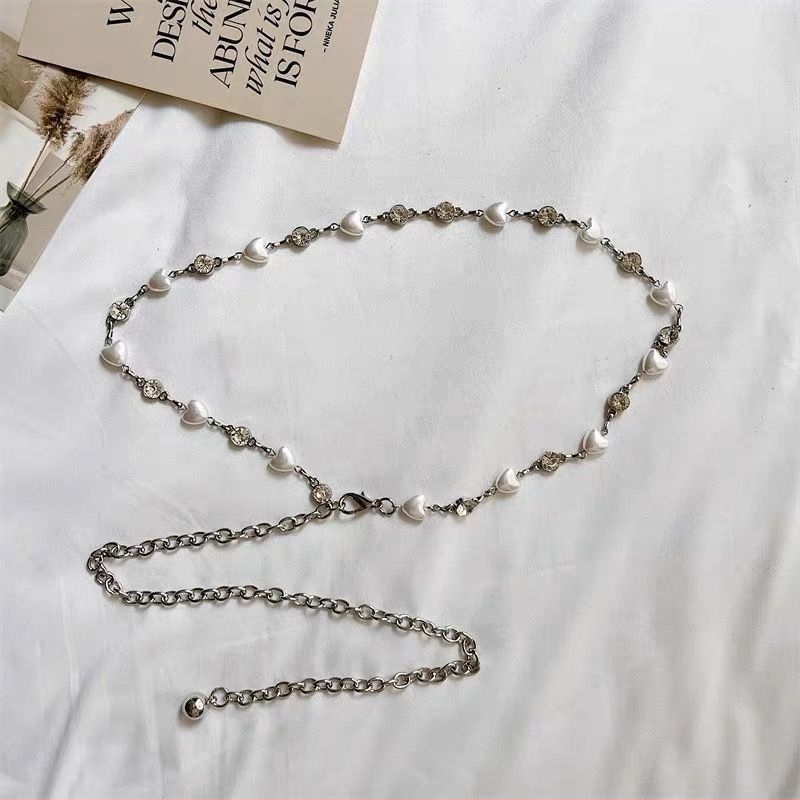 Moteriška juosmens grandinė su perlais ir krištolais, metalinė, vienos kilpos dizainas