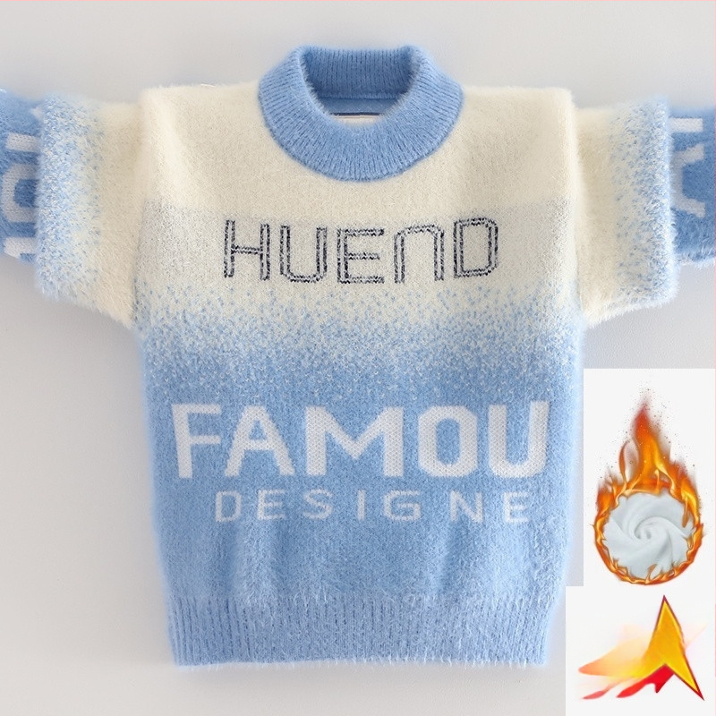 Vaikų mink velvet megztinis su fleece pamušalu ir storu audiniu žiemai (Korėjos stilius; gobtuvė; apvalus kaklas; ilgos rankovės; akrilinis pluoštas)