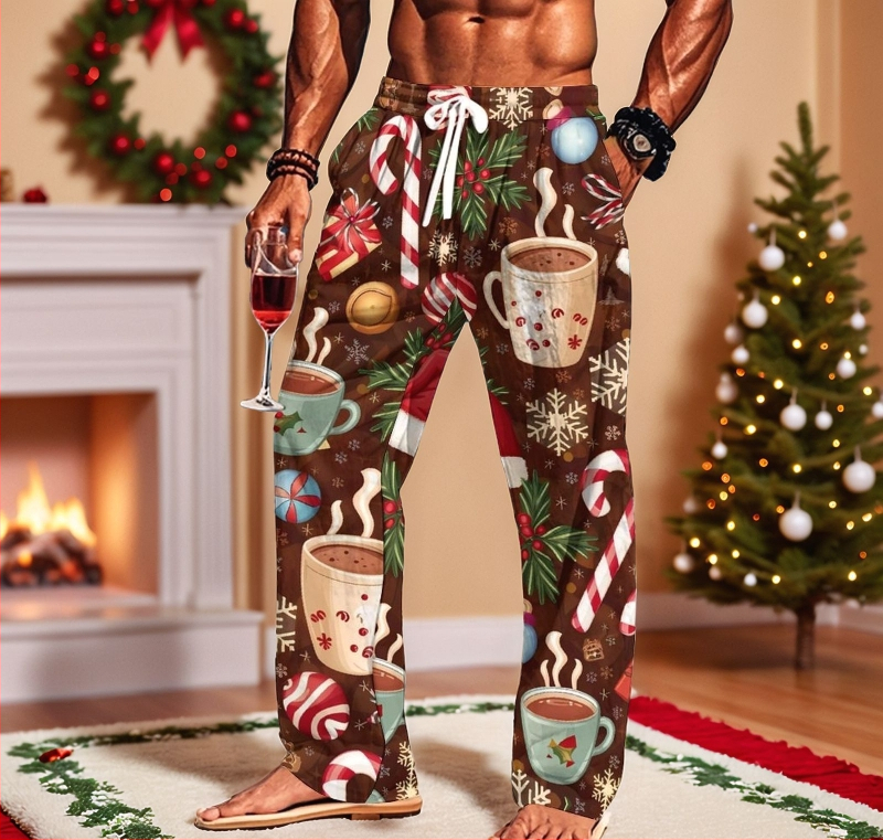 Vīriešu 3D digitālās drukas sporta bikses, brīva piegriezuma, vidējā josta, taisnas kājas, 92% poliesters