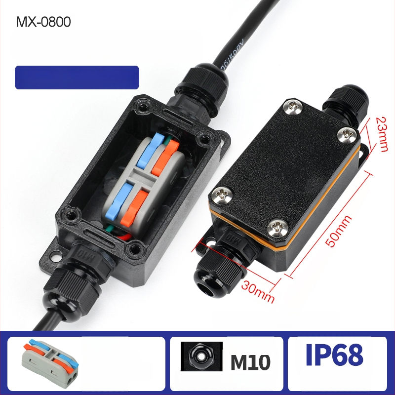 MX-0800 Ārējā ūdensdroša kabelu kastīte ar ātru termināļa bloku, IP68, gatava iegremdēšanai, versijas 2 ievadi/2 izejas vai 2 ievadi/4 izejas