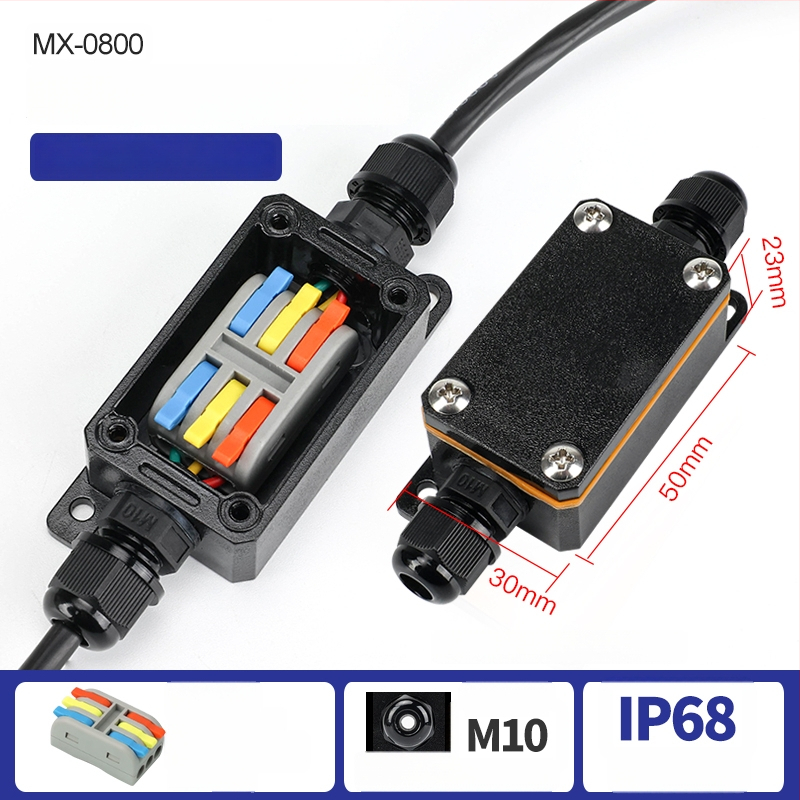 MX-0800 Ārējā ūdensdroša kabelu kastīte ar ātru termināļa bloku, IP68, gatava iegremdēšanai, versijas 2 ievadi/2 izejas vai 2 ievadi/4 izejas