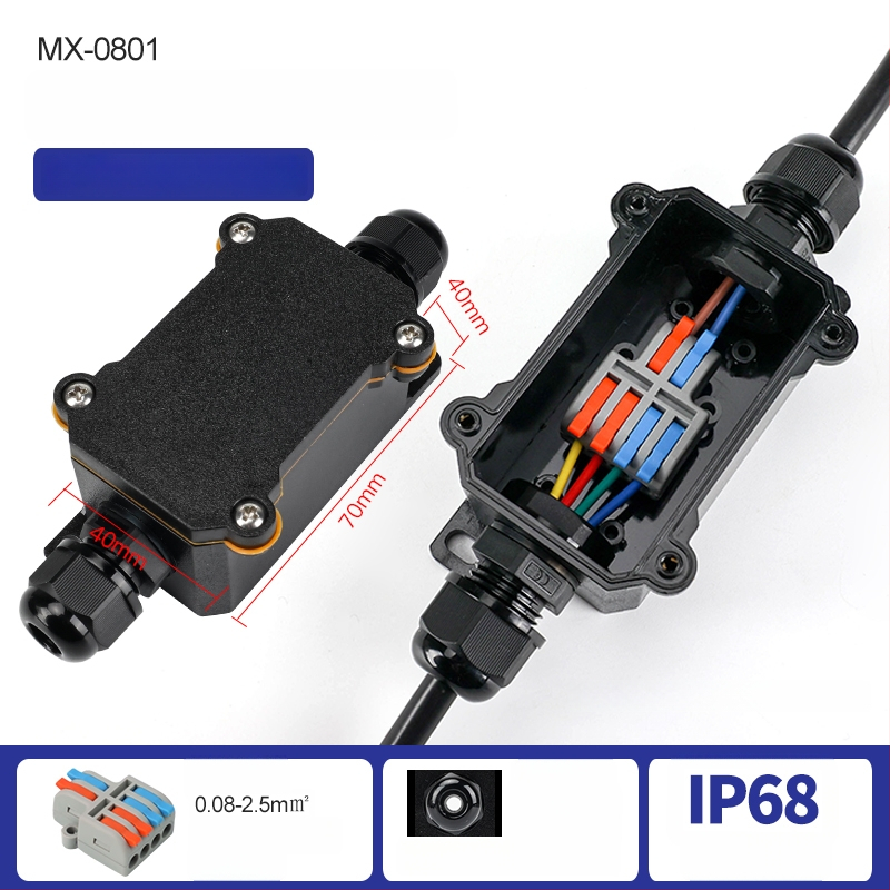 MX-0800 Ārējā ūdensdroša kabelu kastīte ar ātru termināļa bloku, IP68, gatava iegremdēšanai, versijas 2 ievadi/2 izejas vai 2 ievadi/4 izejas
