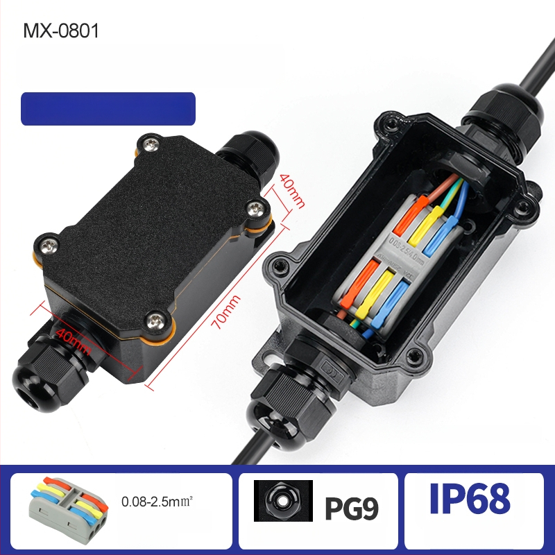 MX-0800 Ārējā ūdensdroša kabelu kastīte ar ātru termināļa bloku, IP68, gatava iegremdēšanai, versijas 2 ievadi/2 izejas vai 2 ievadi/4 izejas