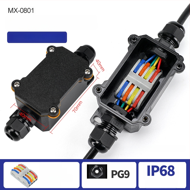 MX-0800 Ārējā ūdensdroša kabelu kastīte ar ātru termināļa bloku, IP68, gatava iegremdēšanai, versijas 2 ievadi/2 izejas vai 2 ievadi/4 izejas