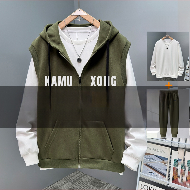 Vīriešu rudens plus izmēra divdaļīgs komplekts: brīvas bikses, kapucēta vestes bez piedurknēm un bez piedurknēm kardigāns, kokvilnas-poliestera materiāls