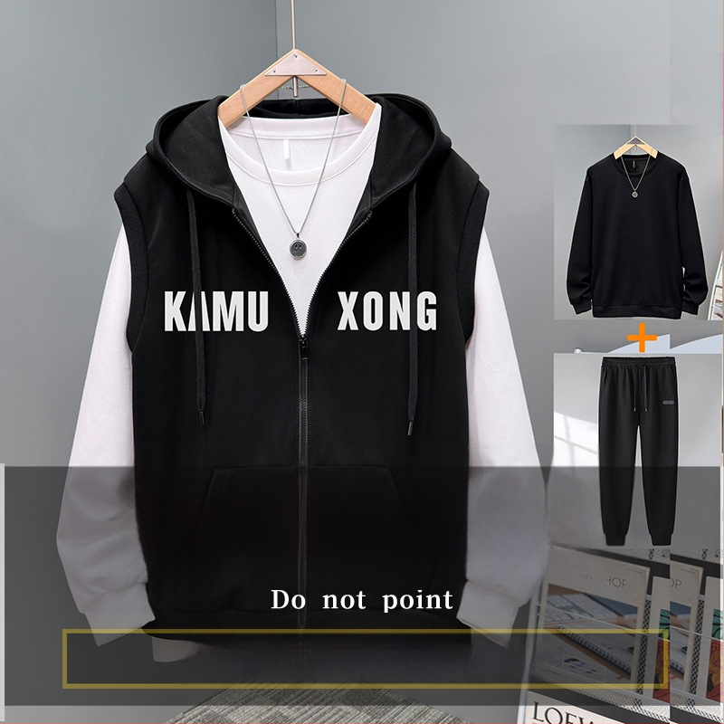 Vīriešu rudens plus izmēra divdaļīgs komplekts: brīvas bikses, kapucēta vestes bez piedurknēm un bez piedurknēm kardigāns, kokvilnas-poliestera materiāls