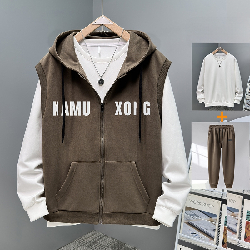 Vīriešu rudens plus izmēra divdaļīgs komplekts: brīvas bikses, kapucēta vestes bez piedurknēm un bez piedurknēm kardigāns, kokvilnas-poliestera materiāls