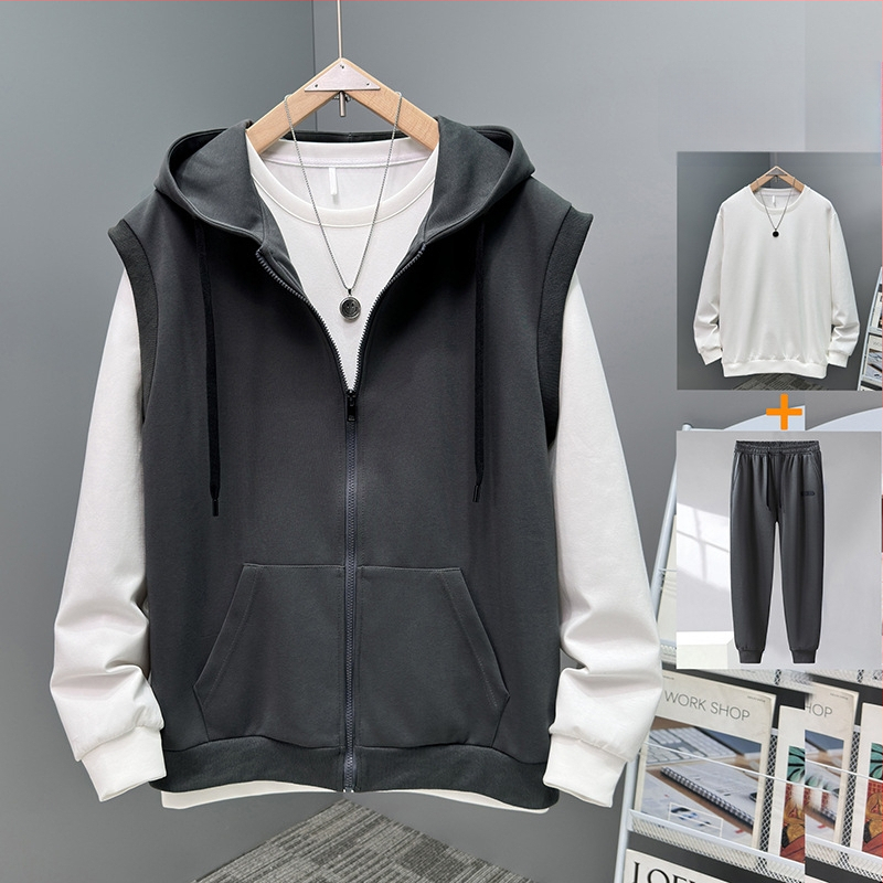 Vīriešu rudens plus izmēra divdaļīgs komplekts: brīvas bikses, kapucēta vestes bez piedurknēm un bez piedurknēm kardigāns, kokvilnas-poliestera materiāls