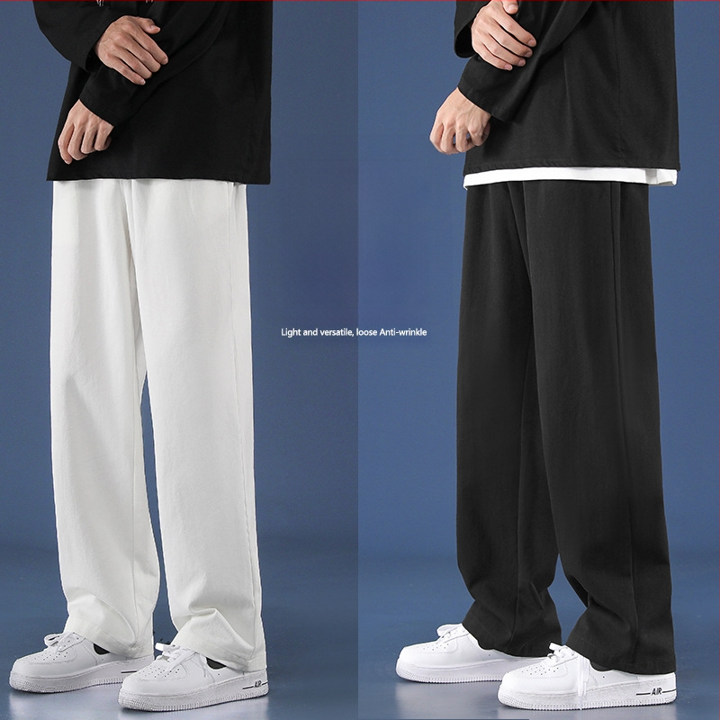 Vyrų kasdienės kelnės, laisvo tiesaus kirpimo, liemuo su diržu, kvėpuojantis medvilnės audinys, vientisas raštas, korėjietiško stiliaus pagrindas