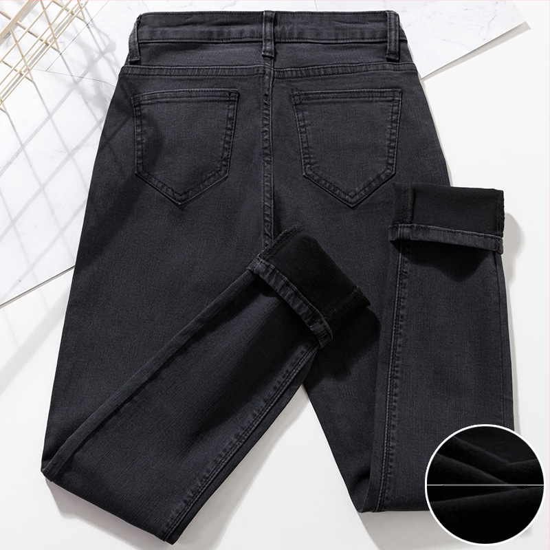 Kõrge vöökohaga teksad, denimist, pliiatsilõikega, paks kangas