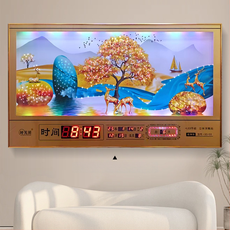 Tiesnstūra sienas pulkstenis ar metāla rāmi un LED digitālo displeju, mūžīgais kalendārs, 24 saules periodi, termometrs