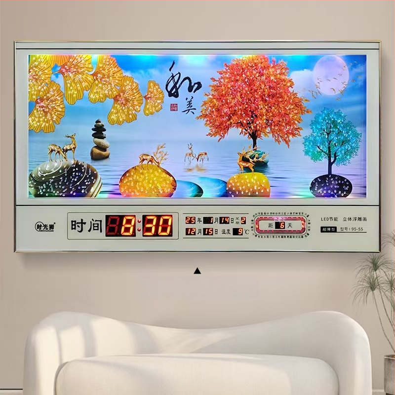 Tiesnstūra sienas pulkstenis ar metāla rāmi un LED digitālo displeju, mūžīgais kalendārs, 24 saules periodi, termometrs