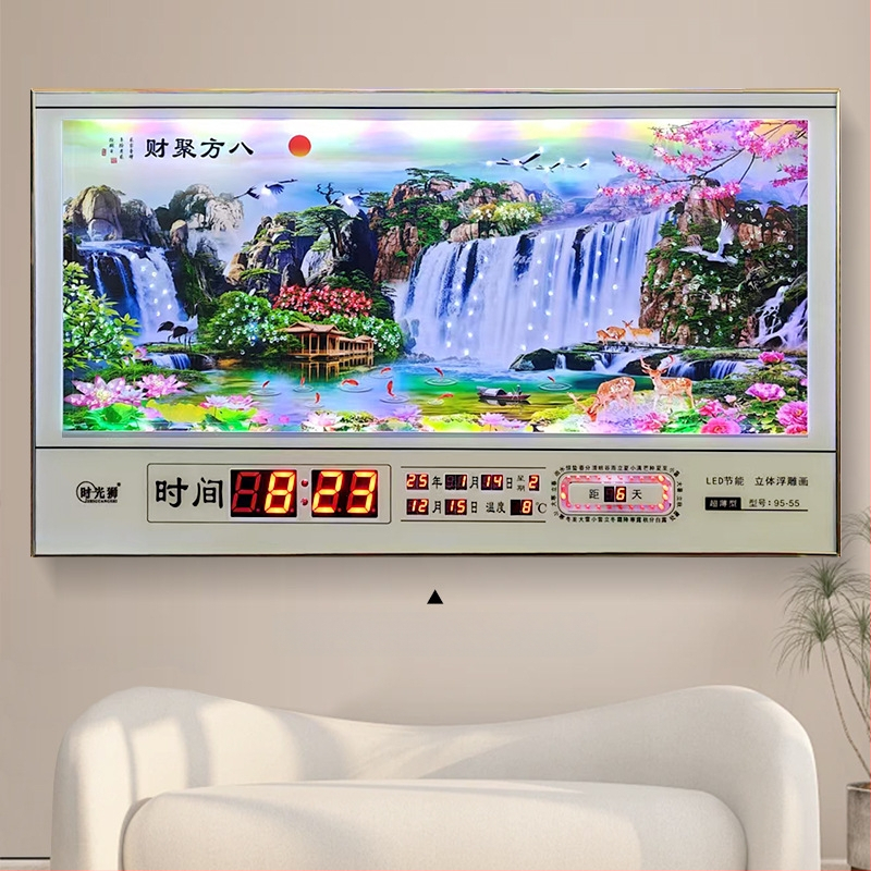 Tiesnstūra sienas pulkstenis ar metāla rāmi un LED digitālo displeju, mūžīgais kalendārs, 24 saules periodi, termometrs