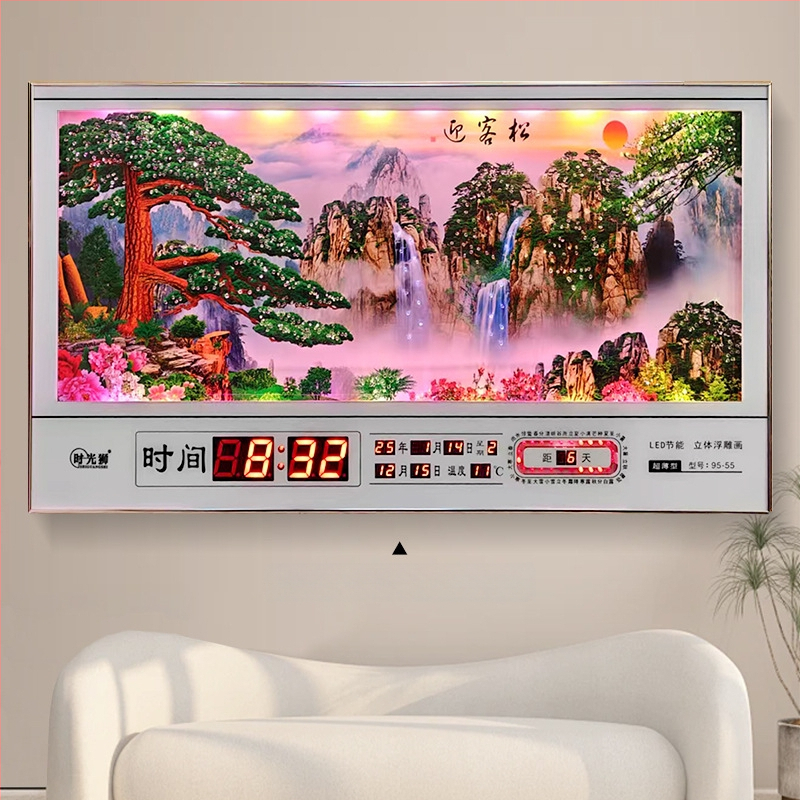 Tiesnstūra sienas pulkstenis ar metāla rāmi un LED digitālo displeju, mūžīgais kalendārs, 24 saules periodi, termometrs