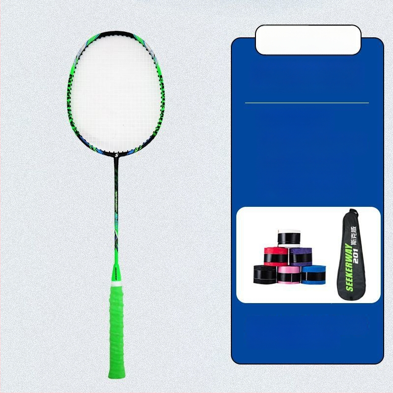 Badmintona rakete studentiem — oglekļa šķiedras rāmis, neilona auklas, vidēja stingrība stienim
