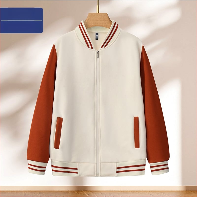 Bloku raksta baseball jaka ar rāvējslēdzēju, stāvošs kakls, brīvā piegriezuma griezums, logotipa druka