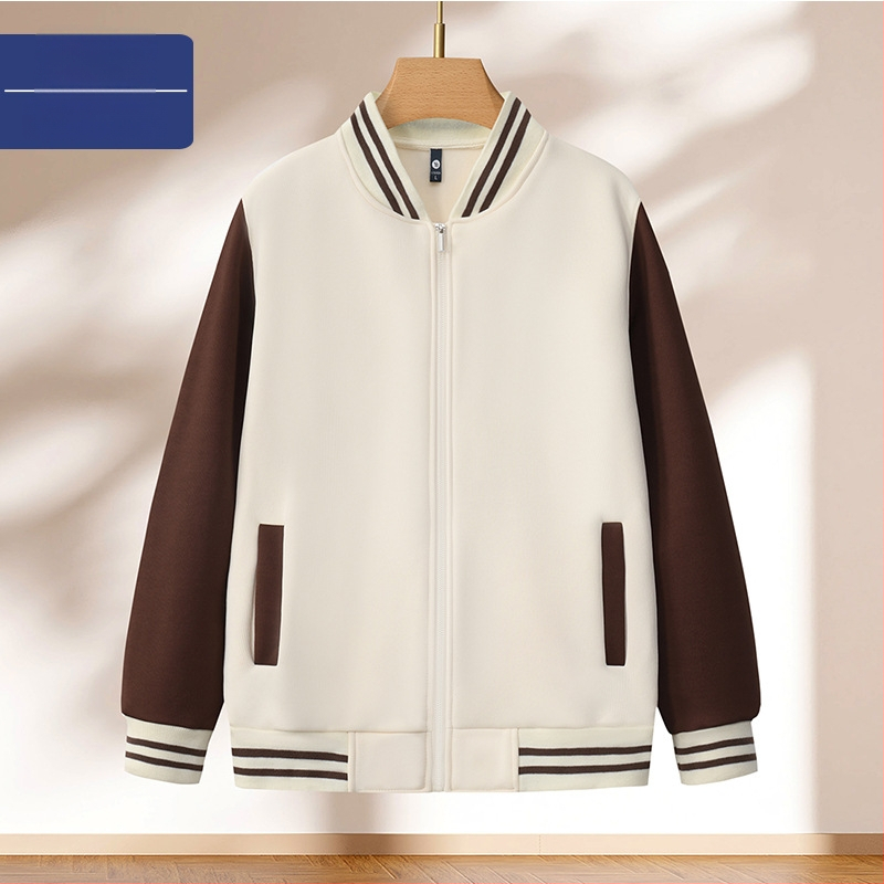 Bloku raksta baseball jaka ar rāvējslēdzēju, stāvošs kakls, brīvā piegriezuma griezums, logotipa druka