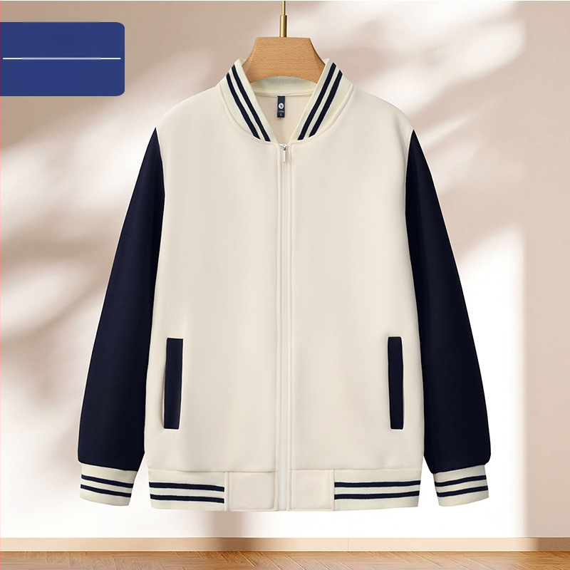 Bloku raksta baseball jaka ar rāvējslēdzēju, stāvošs kakls, brīvā piegriezuma griezums, logotipa druka