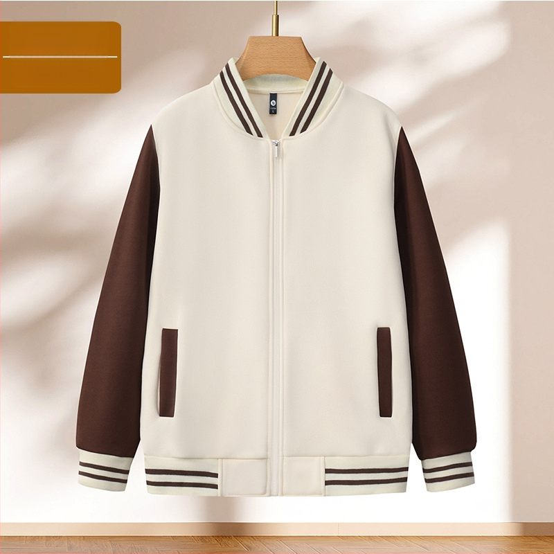 Bloku raksta baseball jaka ar rāvējslēdzēju, stāvošs kakls, brīvā piegriezuma griezums, logotipa druka