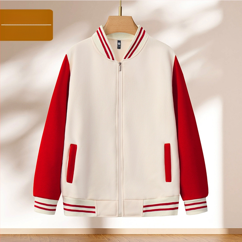 Bloku raksta baseball jaka ar rāvējslēdzēju, stāvošs kakls, brīvā piegriezuma griezums, logotipa druka