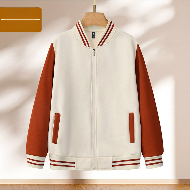 Bloku raksta baseball jaka ar rāvējslēdzēju, stāvošs kakls, brīvā piegriezuma griezums, logotipa druka