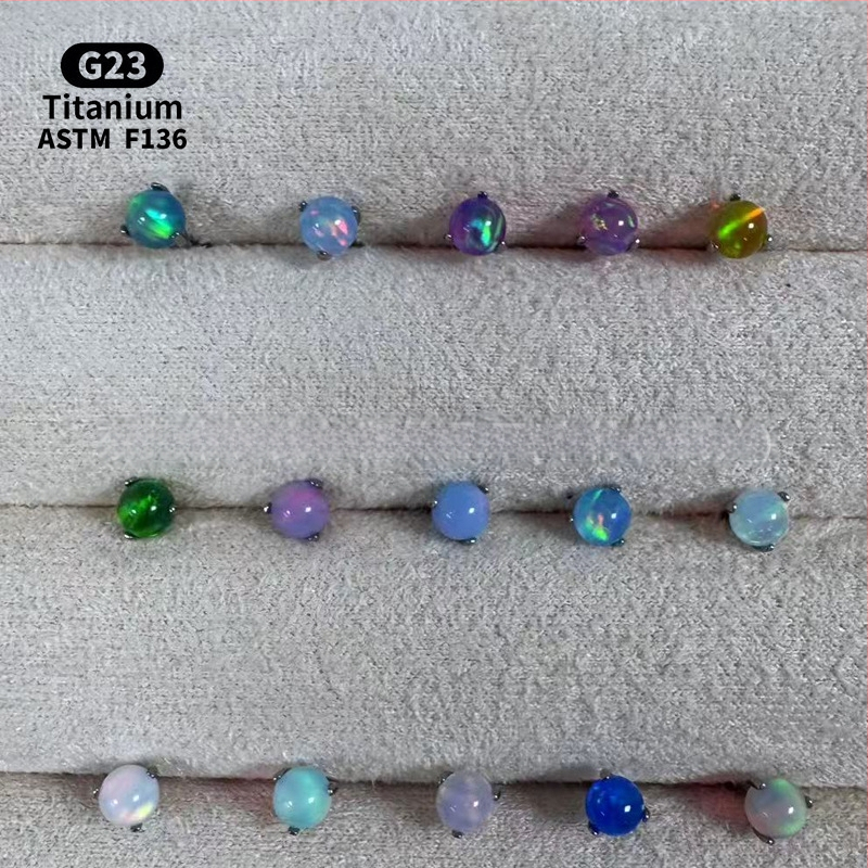 Ανδρικά/Γυναικεία γεωμετρικά σκουλαρίκια με οπάλ από κράμα τιτάνιου F136, γυαλισμένη επιφάνεια, εσωτερική βίδα για χείλη/ώτα