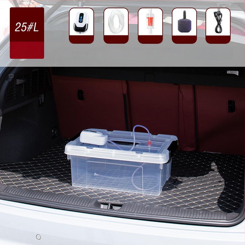 Dzīvām zivīm paredzētais konteineris automašīnas bagāžniekam — plastmasas akvārija kārba zivju audzēšanai un jūras velšu uzglabāšanai