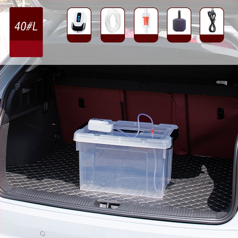 Dzīvām zivīm paredzētais konteineris automašīnas bagāžniekam — plastmasas akvārija kārba zivju audzēšanai un jūras velšu uzglabāšanai