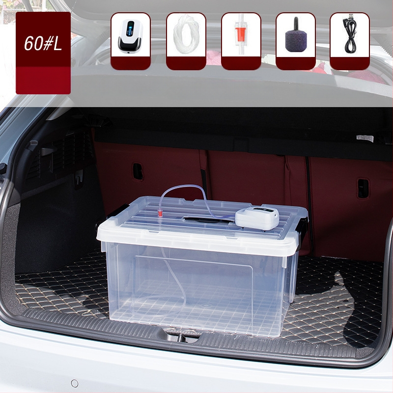 Dzīvām zivīm paredzētais konteineris automašīnas bagāžniekam — plastmasas akvārija kārba zivju audzēšanai un jūras velšu uzglabāšanai