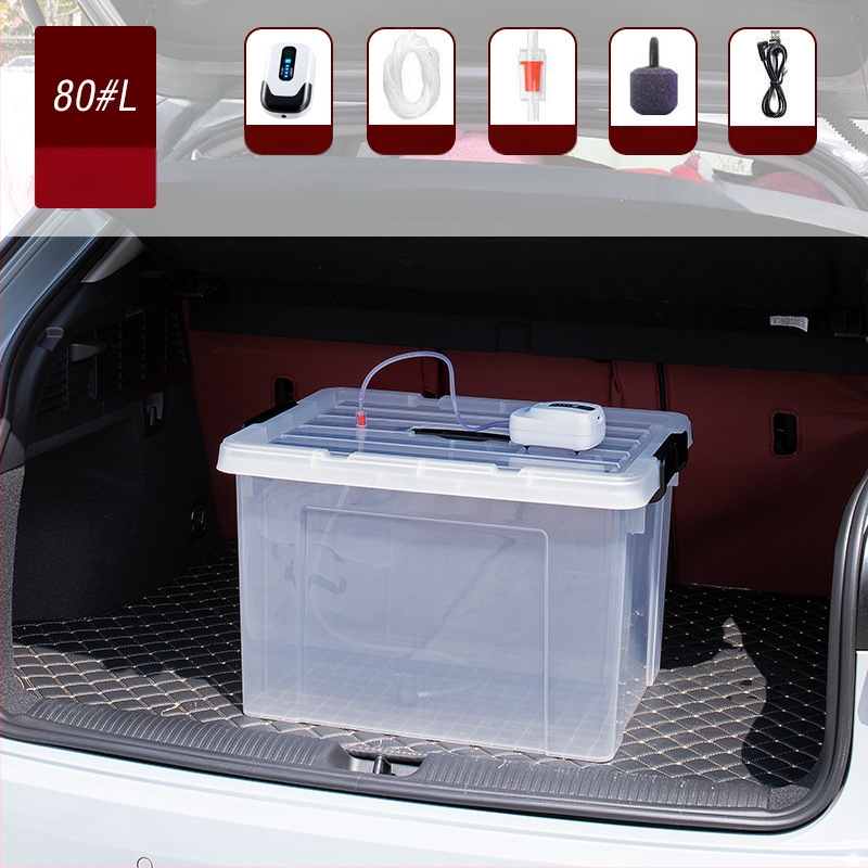 Dzīvām zivīm paredzētais konteineris automašīnas bagāžniekam — plastmasas akvārija kārba zivju audzēšanai un jūras velšu uzglabāšanai