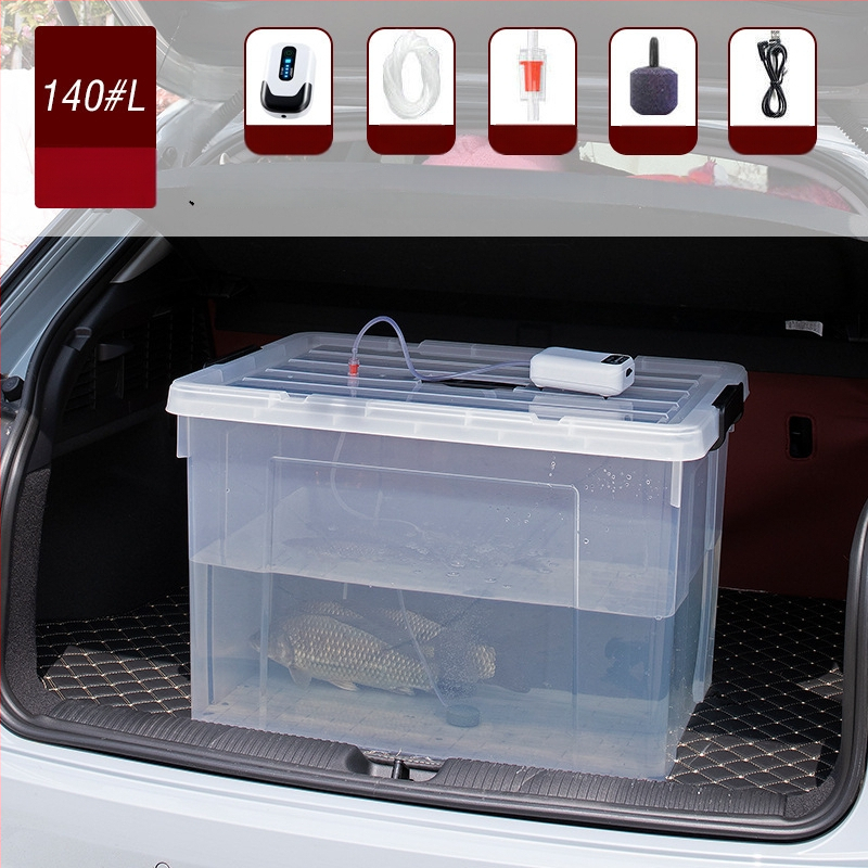 Dzīvām zivīm paredzētais konteineris automašīnas bagāžniekam — plastmasas akvārija kārba zivju audzēšanai un jūras velšu uzglabāšanai