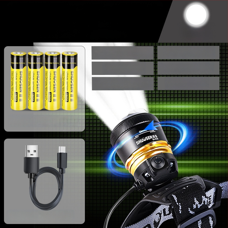 Įkraunama galvos žibintu naktinei žvejybai, 18650 baterija, 200–500 m šviesos spindulys, veikimo laikas 2–10 val.