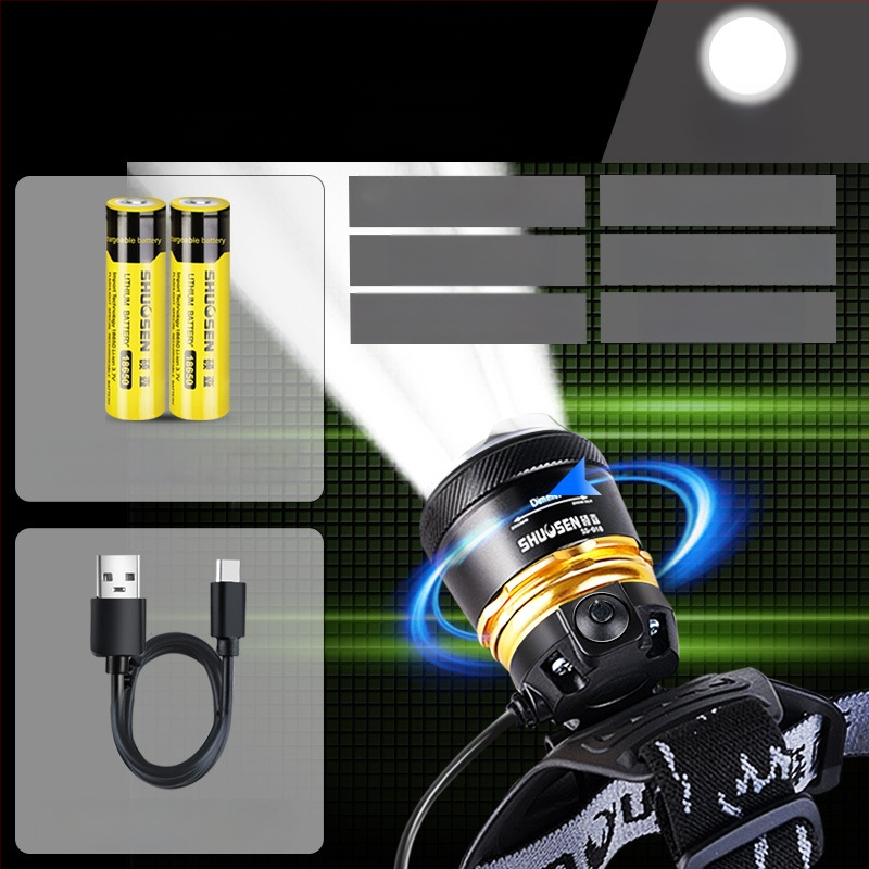 Įkraunama galvos žibintu naktinei žvejybai, 18650 baterija, 200–500 m šviesos spindulys, veikimo laikas 2–10 val.