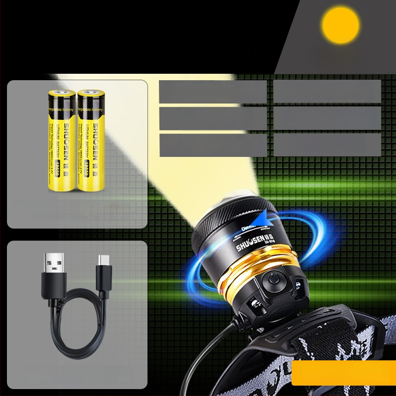 Įkraunama galvos žibintu naktinei žvejybai, 18650 baterija, 200–500 m šviesos spindulys, veikimo laikas 2–10 val.