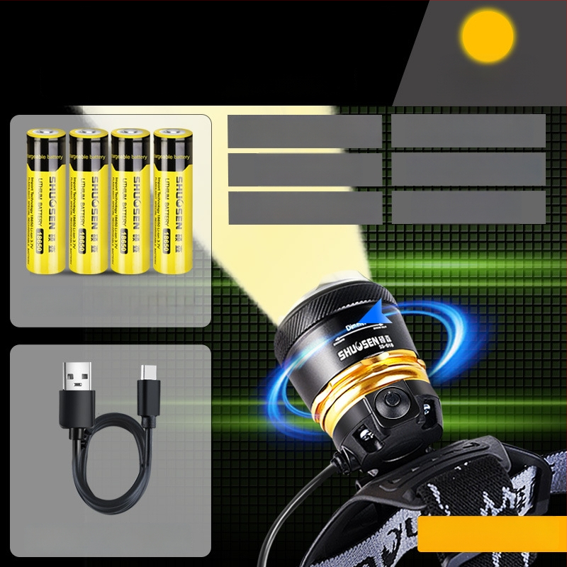 Įkraunama galvos žibintu naktinei žvejybai, 18650 baterija, 200–500 m šviesos spindulys, veikimo laikas 2–10 val.