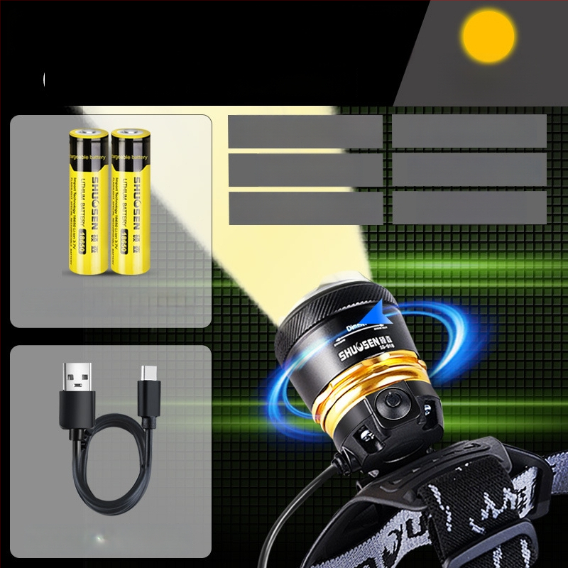 Įkraunama galvos žibintu naktinei žvejybai, 18650 baterija, 200–500 m šviesos spindulys, veikimo laikas 2–10 val.