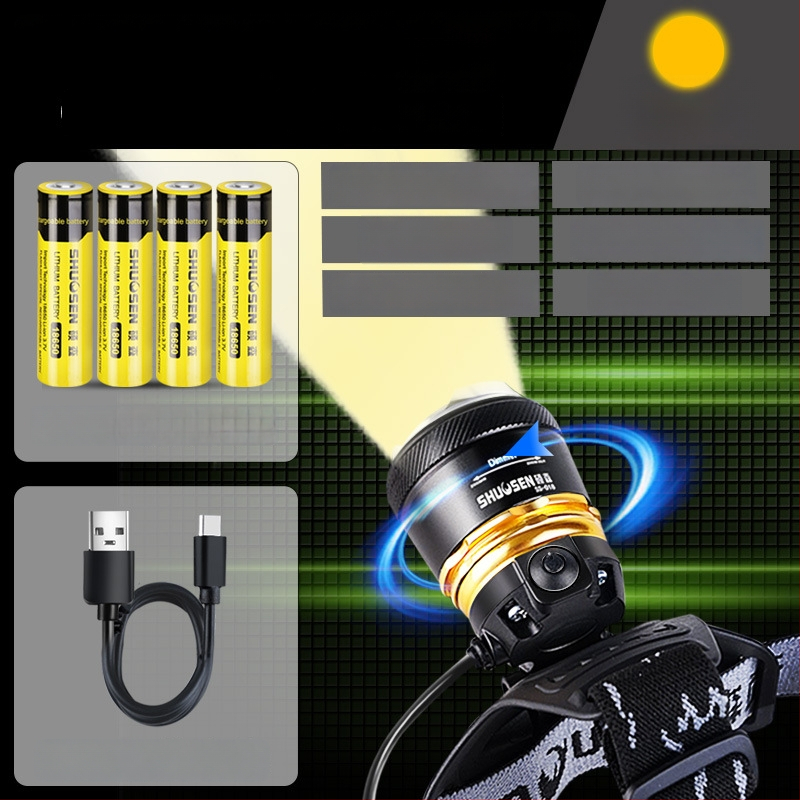 Įkraunama galvos žibintu naktinei žvejybai, 18650 baterija, 200–500 m šviesos spindulys, veikimo laikas 2–10 val.