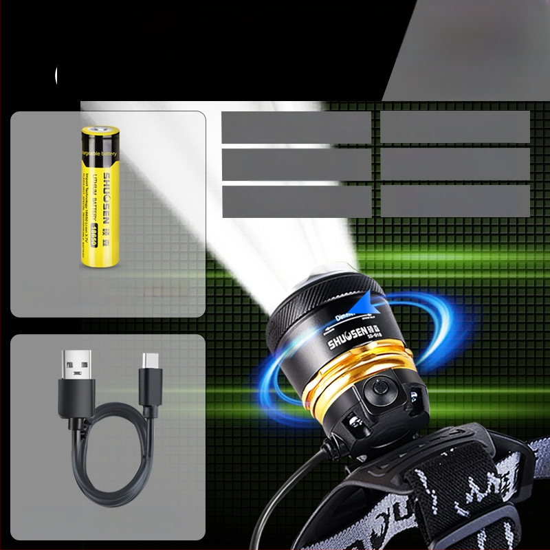 Įkraunama galvos žibintu naktinei žvejybai, 18650 baterija, 200–500 m šviesos spindulys, veikimo laikas 2–10 val.