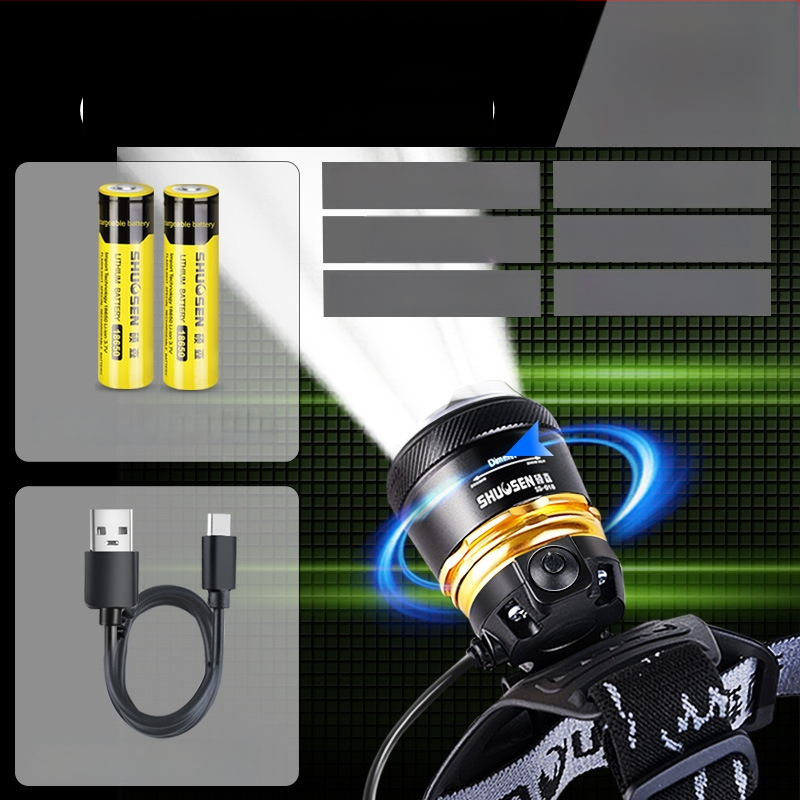 Įkraunama galvos žibintu naktinei žvejybai, 18650 baterija, 200–500 m šviesos spindulys, veikimo laikas 2–10 val.