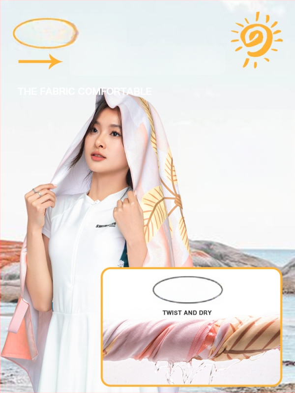 Nēsājamais mikroviļņu dvieļu pludmales pončo – ātri žūst, viegls, ar pogu kapuci; Materiāls: mikrofibra; Svars zem 100 g; Diegs: 150D; Jacquard aušana