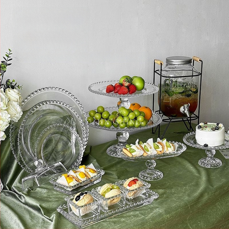 Qianka Stikla augļu un desertu demonstrācijas šķīvis, apaļš, virsma ar intarsiju, franču stils