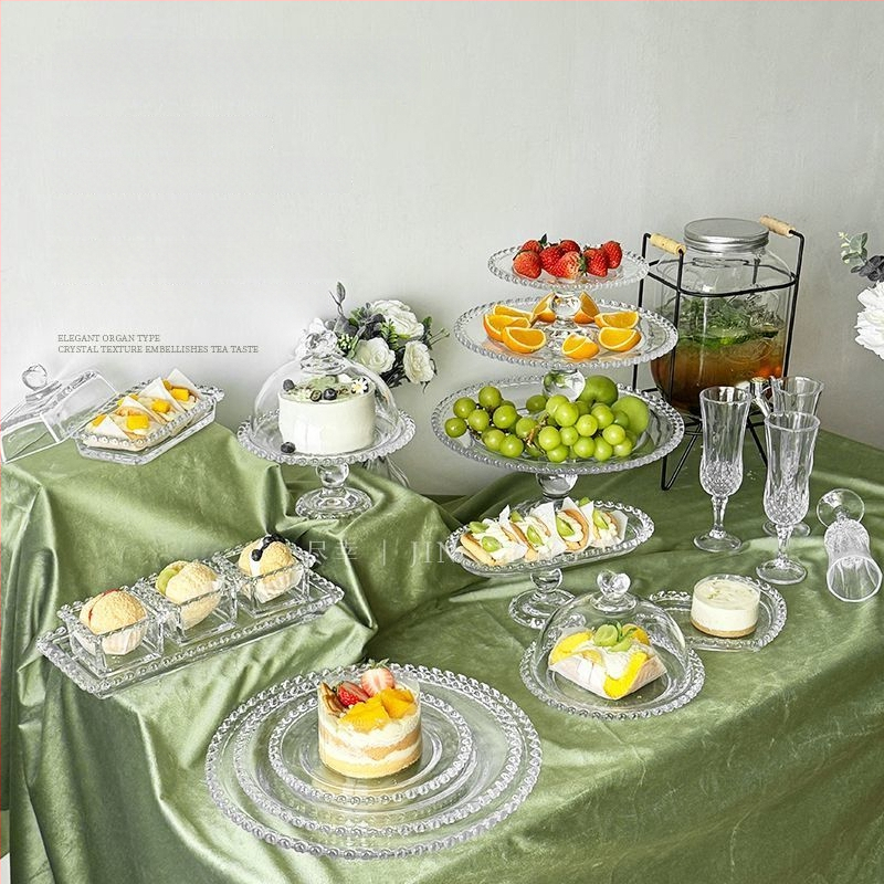 Qianka Stikla augļu un desertu demonstrācijas šķīvis, apaļš, virsma ar intarsiju, franču stils