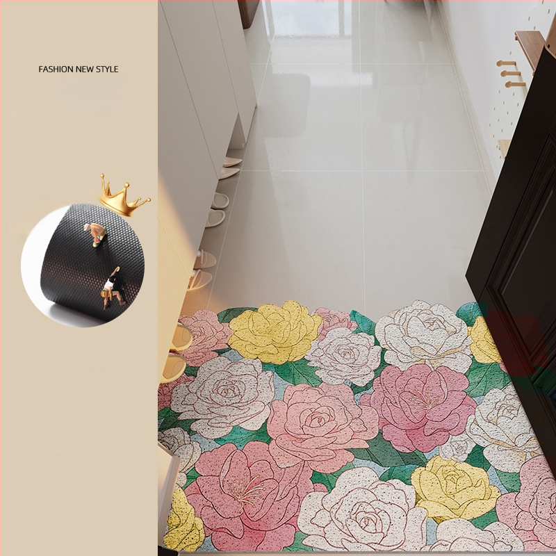 Ieejas durvju paklājs ar ziedu motīvu, materiāls: stieples cilpa, forma: ārpuszemes, stils: eļļas glezna, mazgājams