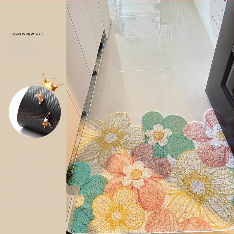 Ieejas durvju paklājs ar ziedu motīvu, materiāls: stieples cilpa, forma: ārpuszemes, stils: eļļas glezna, mazgājams